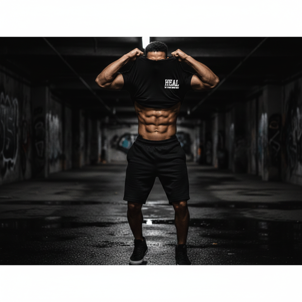 Man wearing a black t-shirt with 'HEAL' branding in an urban setting